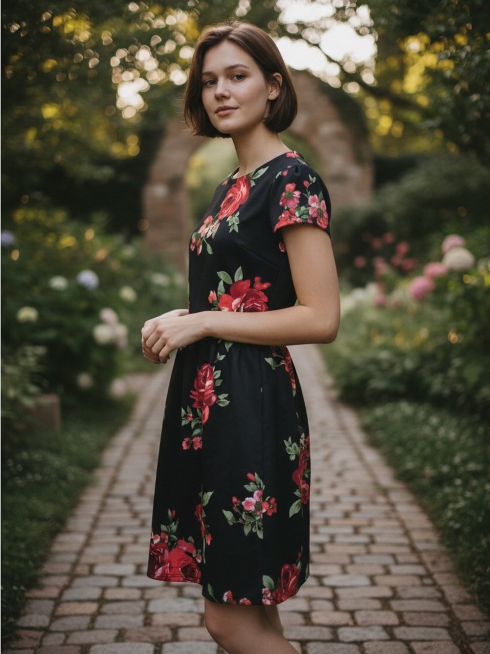 B. Darlin Black/Pink Floral Short Sleeve Zipper Back Dress